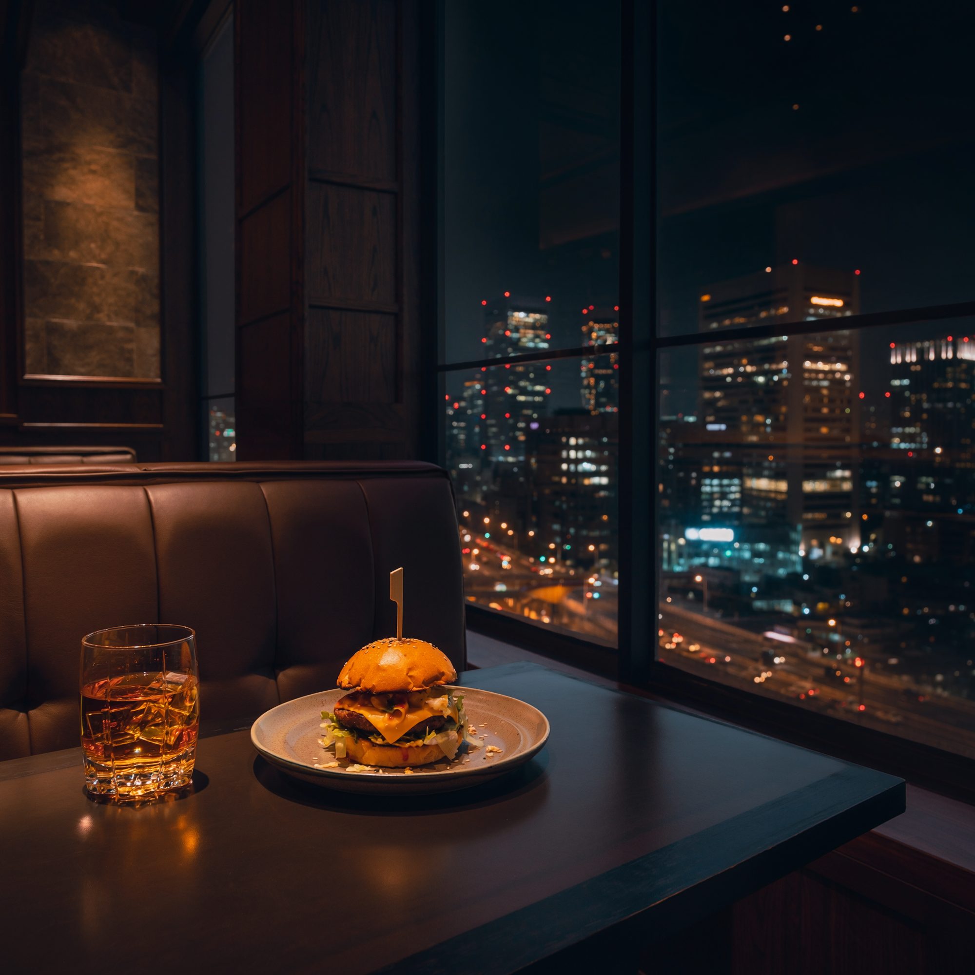 六本木の夜景を望む店内のテーブルに置かれたハンバーガーとウイスキー